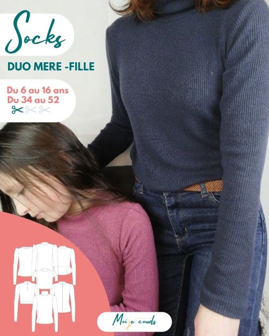 PDF - Patron le le pull Socks Duo Femme 34-52  /Fille 6-16 ans- VERSION NUMERIQUE