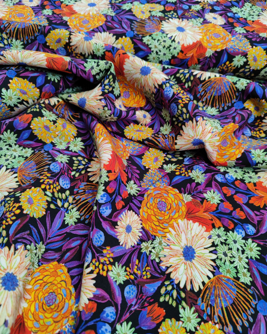 Popeline de viscose Floréale Noir - Ecovero - par 10 cm