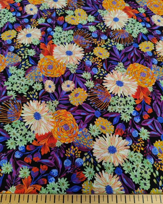 Popeline de viscose Floréale Noir - Ecovero - par 10 cm