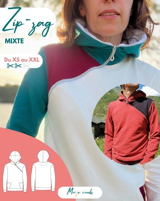 Patron LE SWEAT ZIP ZAG du XS au XXL -VERSION POCHETTE -