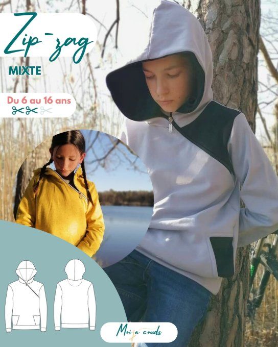 Patron LE SWEAT ZIP ZAG 6- 16 ans -VERSION POCHETTE-