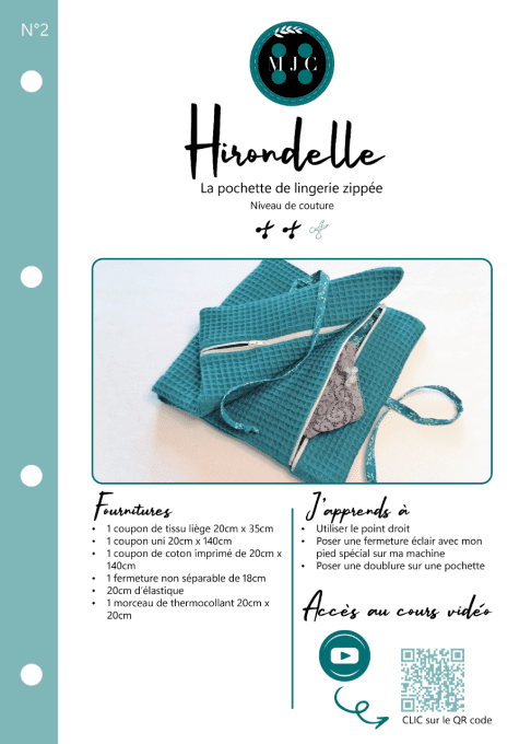 PDF + cours vidéo n°2- Hirondelle la pochette de lingerie zippée-