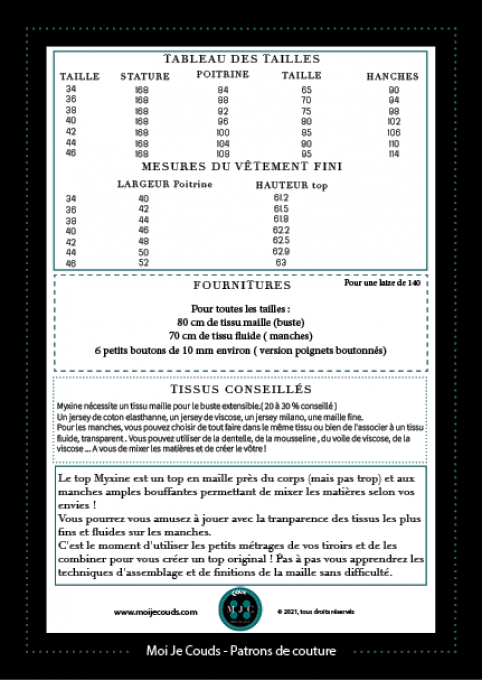 PDF- Patron Top MYXINE  du 34 au 46 -VERSION NUMERIQUE -