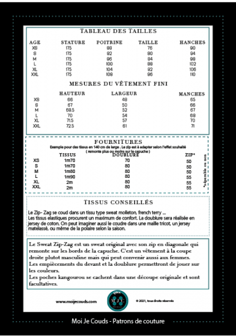 PDF- Patron LE SWEAT ZIP ZAG du XS au XXL -VERSION NUMERIQUE 