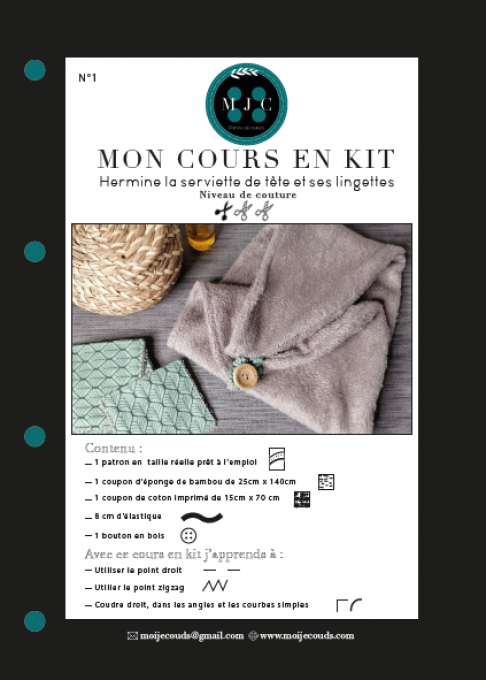 Cours en KIT n° 1  - HERMINE Serviette de tête et lingettes -