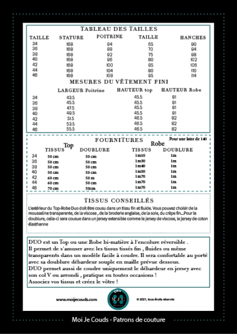 PDF- Patron Top & Robe DUO  du 34 au 46 -VERSION NUMERIQUE  -