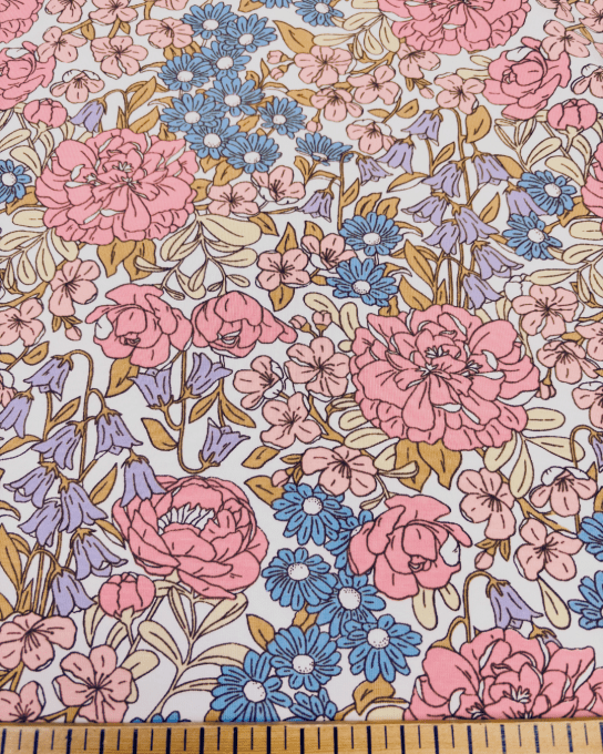 Jersey de Coton Tattoo Bloom Ecru - par 10 cm 